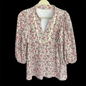 Smith & Quinn Floral Puff Sleeve Blouse Scalloped Neck Preppy Top